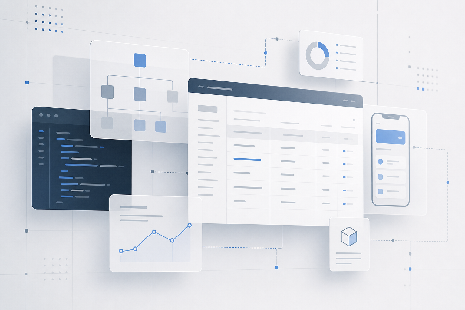 Abstract software workspace visual with layered interface panels and structured data lines