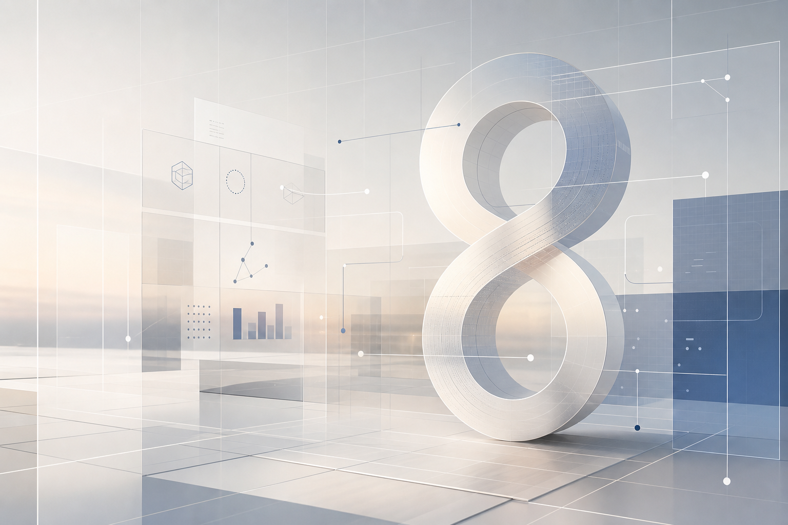 Panoramic abstract technology scene with layered translucent UI planes, structural grid lines, and soft atmospheric lighting in a premium editorial style