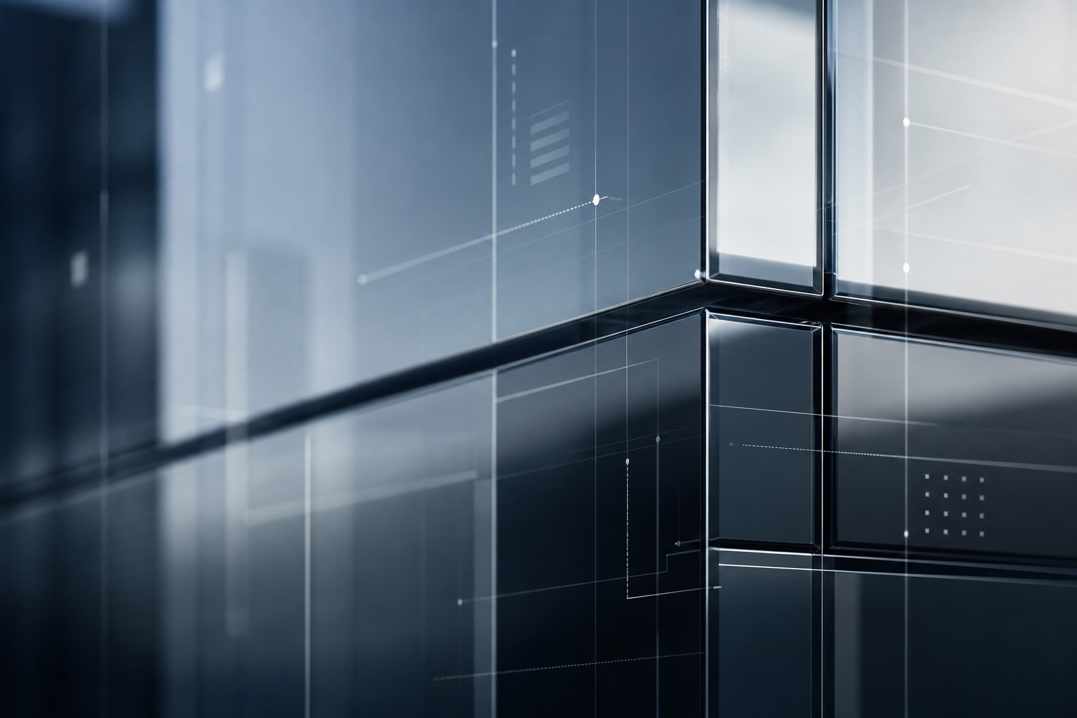 Close-up abstract digital architecture detail with reflective glass geometry, soft interface overlays, and cool-toned city-tech atmosphere