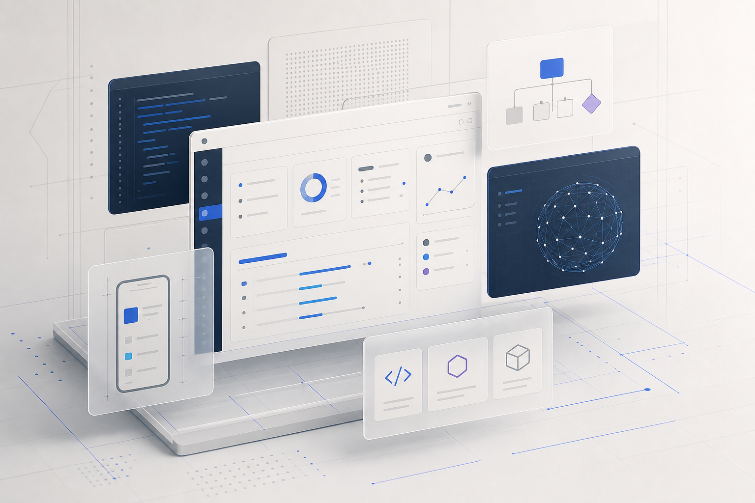 Abstract interface-style composition with layered software windows, grid lines, and modular UI blocks in neutral corporate tones