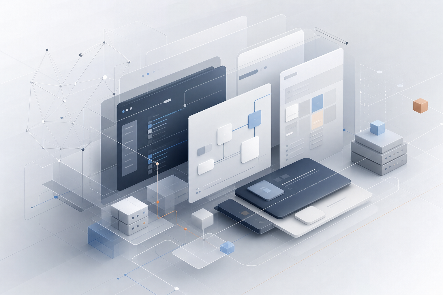 Abstract editorial composition of software infrastructure layers, interface modules, and connected digital workflow paths in a restrained pearl and slate palette