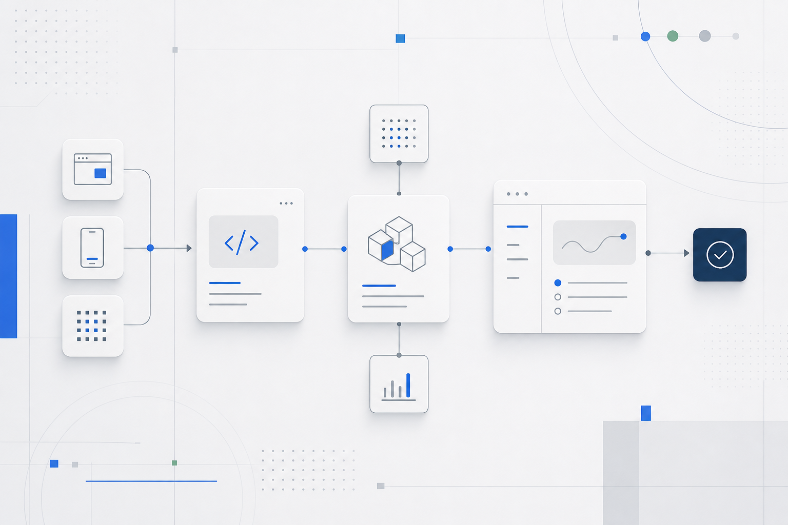 Abstract systems workflow visual with modular interface layers, connector lines, labeled nodes, and structured implementation paths in primary and secondary accent tones