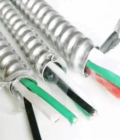Close-up product photo of an industrial copper-strand electrical cable with black insulation jacket
