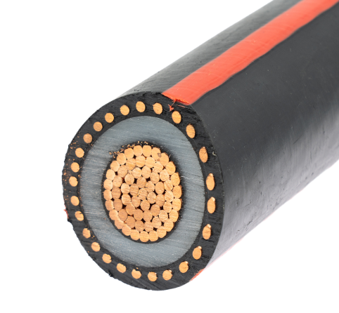 Close-up product photo of an industrial copper-strand electrical cable with black insulation jacket