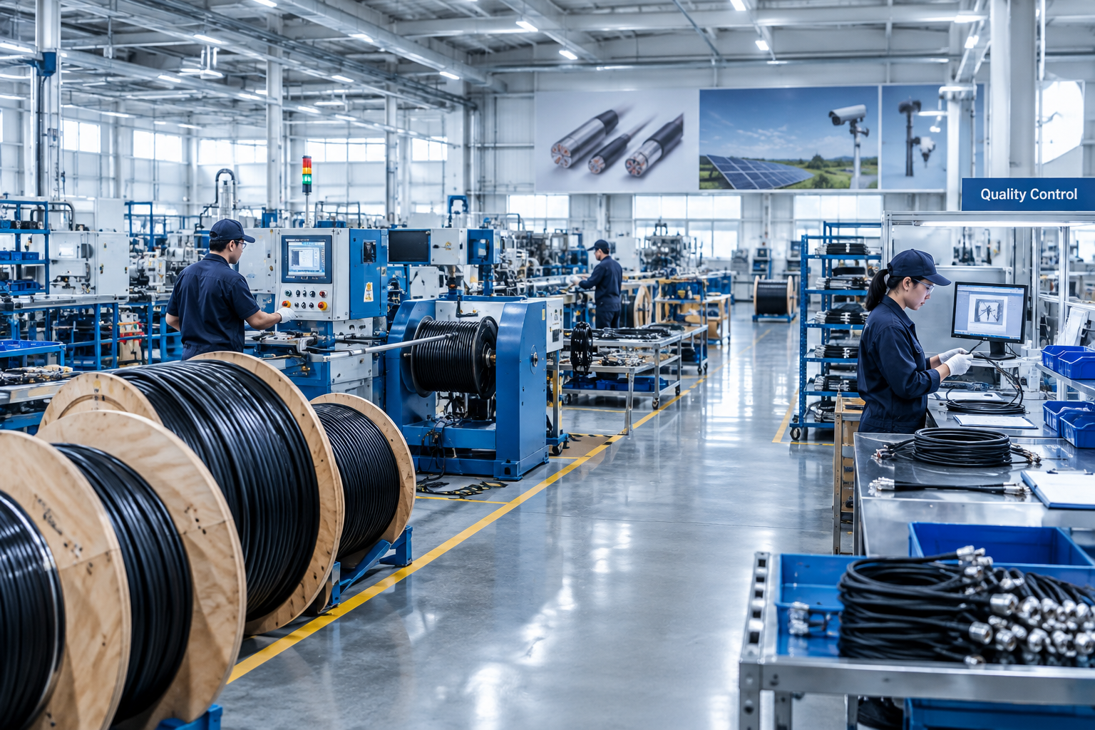 Wide view of a modern industrial electrical manufacturing floor with cable production lines, quality inspection stations, and engineers reviewing components