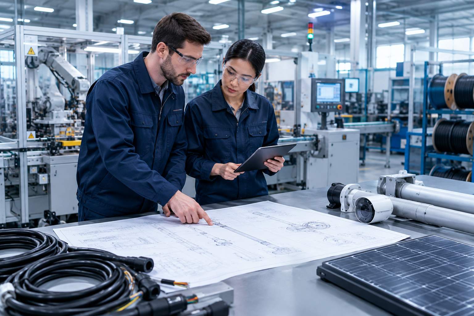 Industrial manufacturing support scene with engineers reviewing cable and pole component drawings near automated production equipment