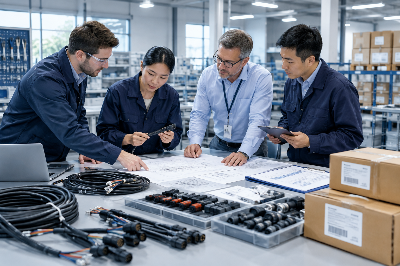 Factory procurement and engineering team reviewing customized electrical components for export shipment