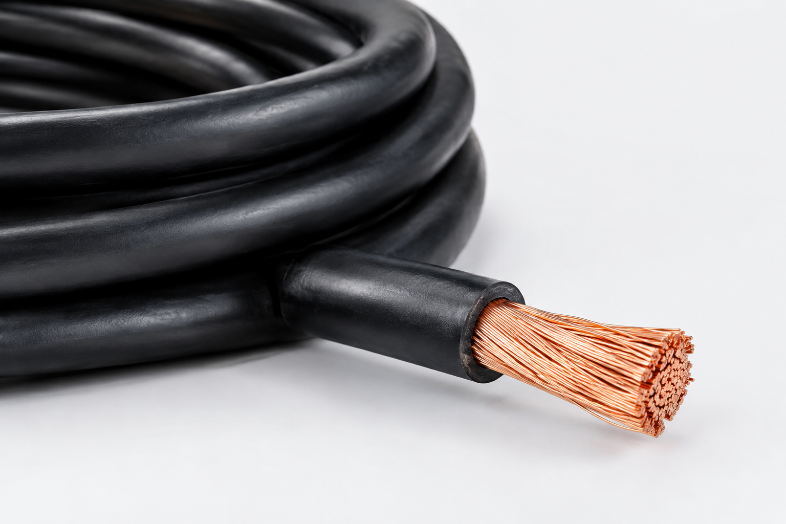 Close-up product photo of an industrial copper-strand electrical cable with black insulation jacket