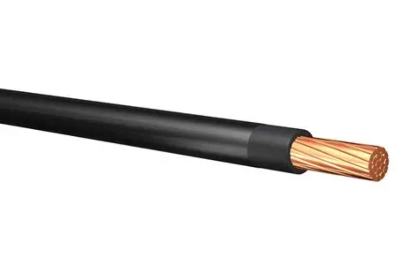 Close-up product photo of an industrial copper-strand electrical cable with black insulation jacket