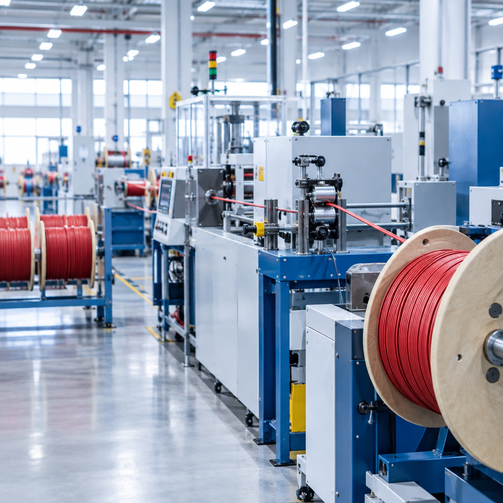 High-resolution industrial manufacturing scene with cables and flexible solar panel assembly, featuring a black telescopic camera pole design integrated naturally into a modern factory production environment