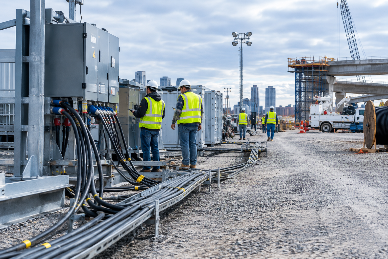 Industrial infrastructure project with temporary power distribution lines and site equipment in active operation