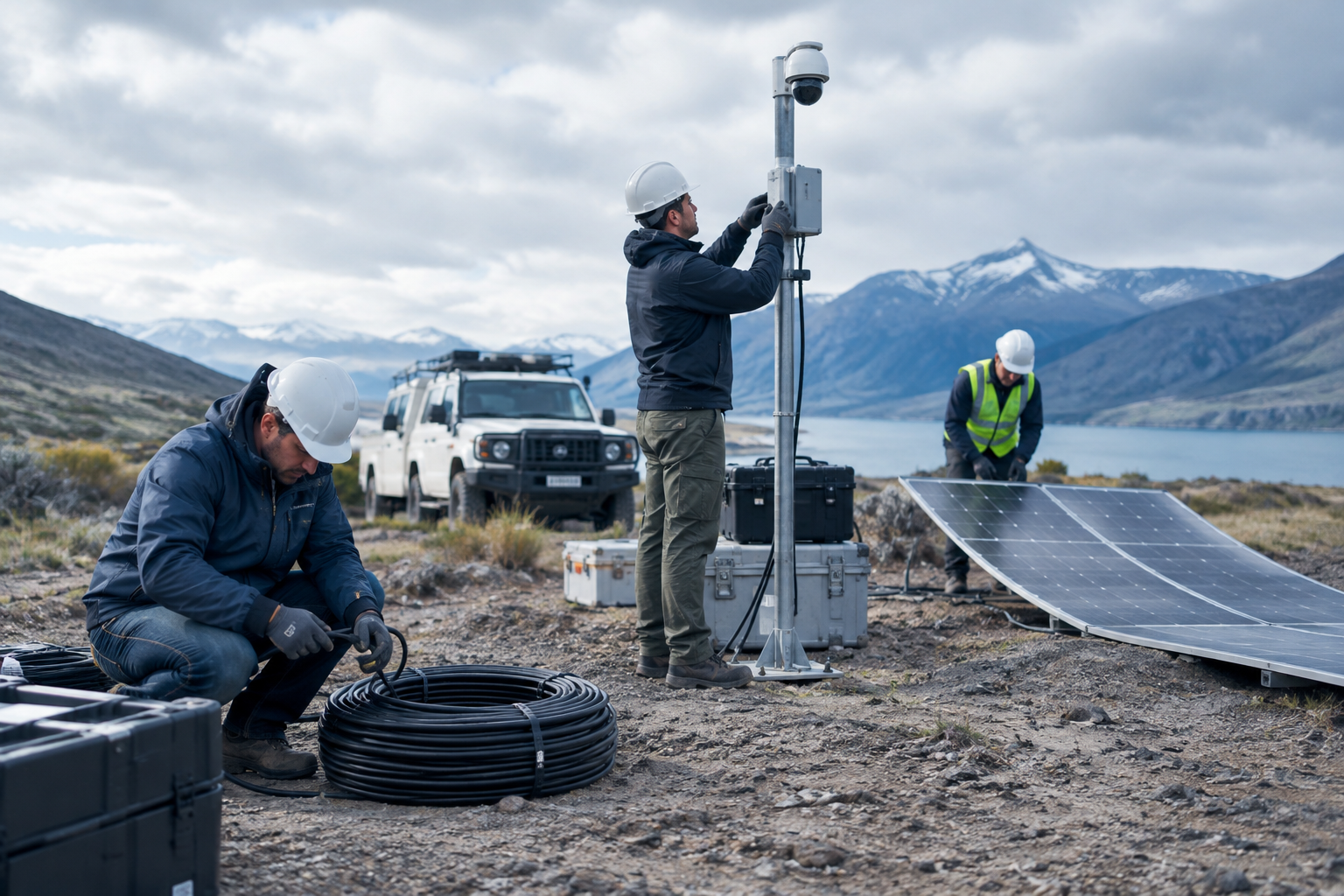 Outdoor project team deploying portable clean-energy equipment for temporary field operations