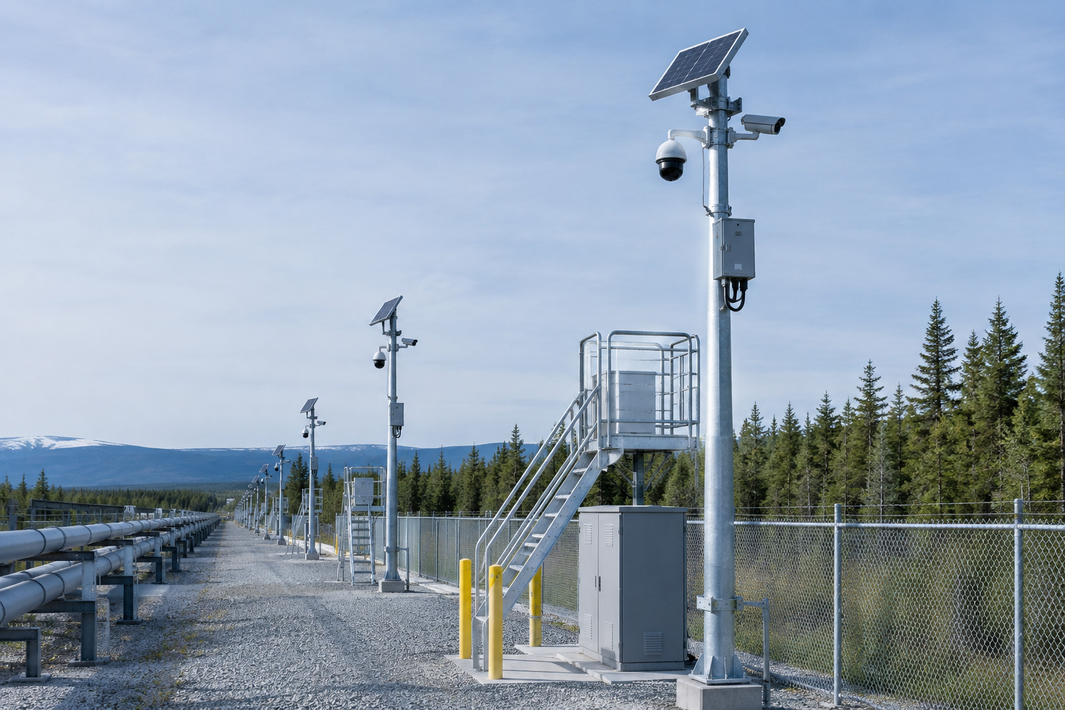 Utility and infrastructure corridor featuring elevated monitoring structures and industrial support installations