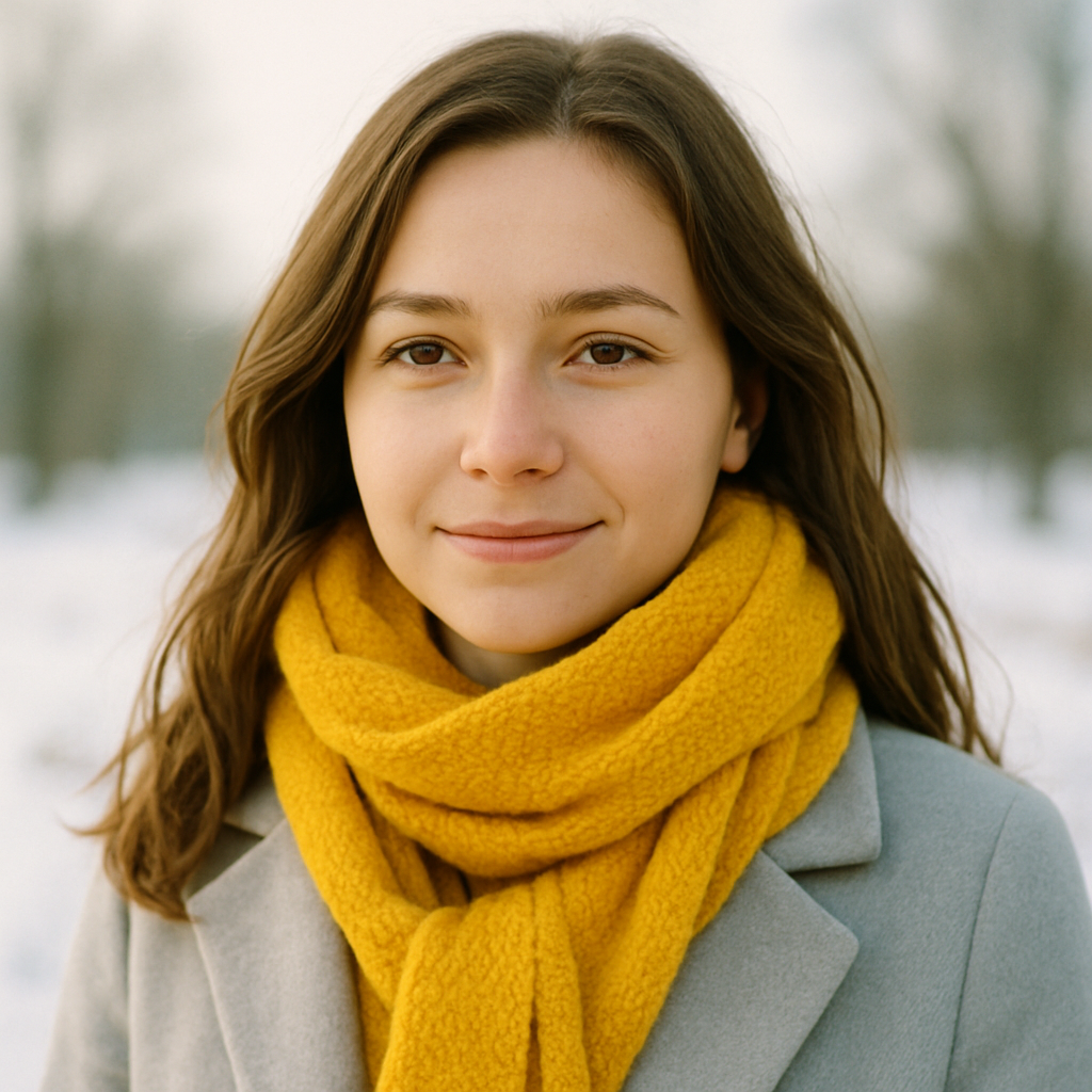 Portrait of Daryna from Odesa in a sunflower-yellow scarf, gentle smile, soft winter light