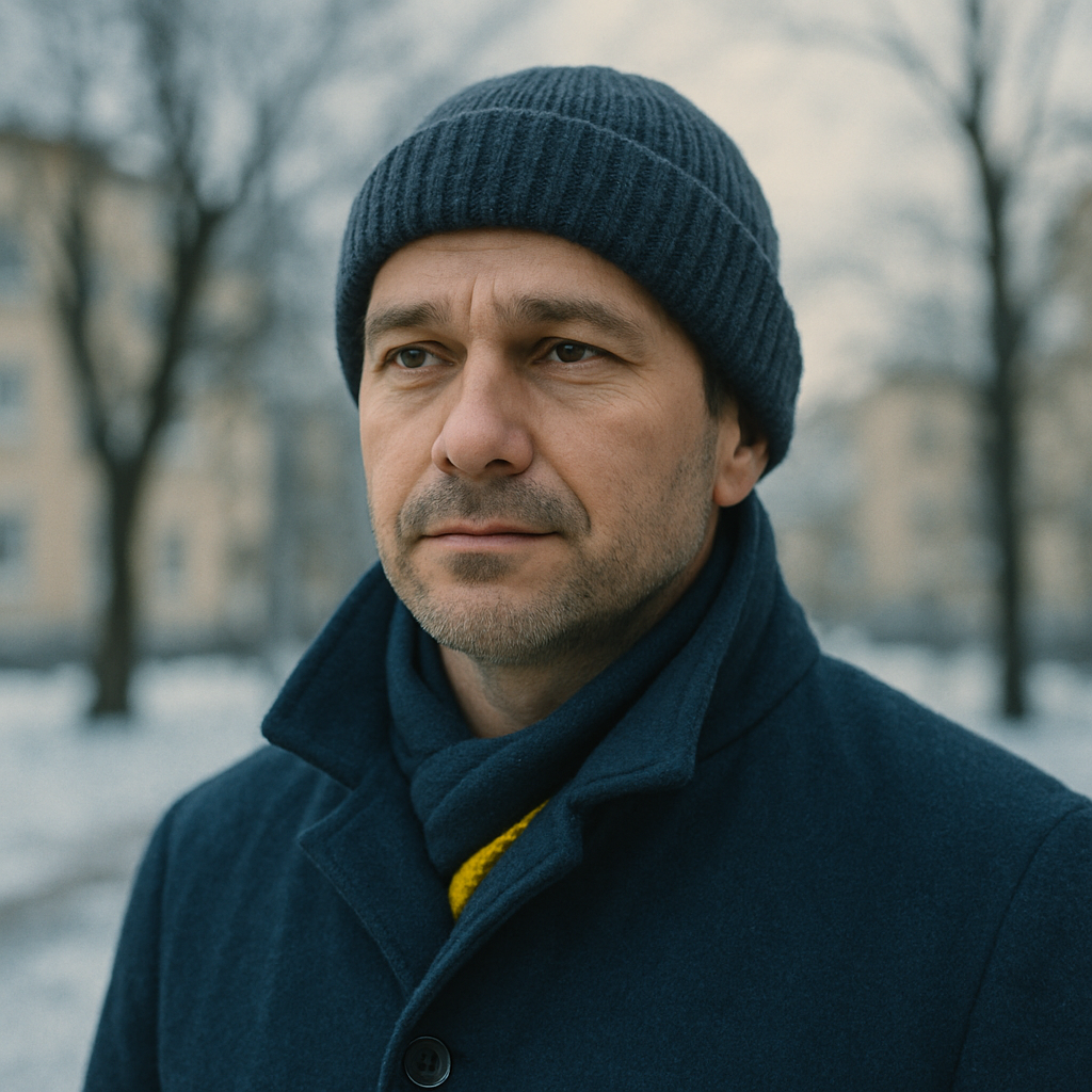 Portrait of Ivan from Lviv wearing a navy winter coat and knitted hat, calm and resilient