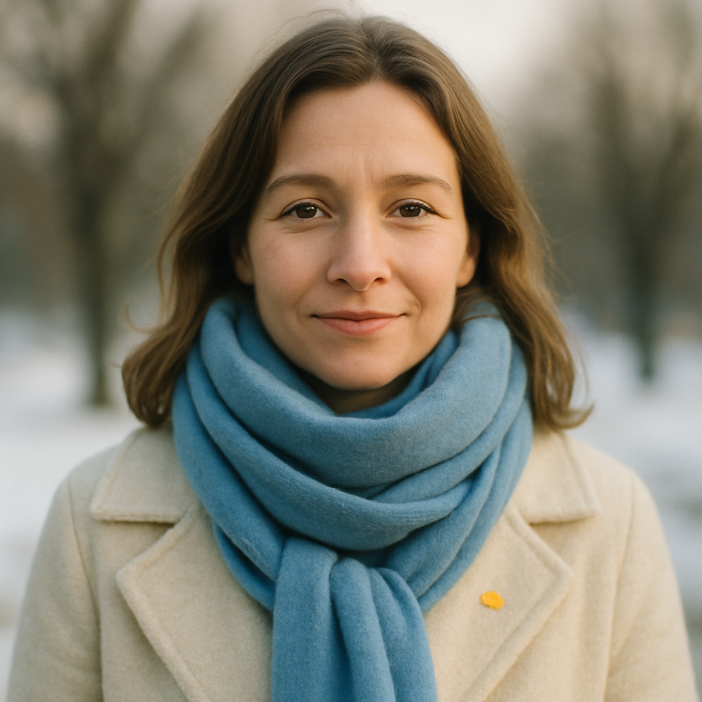 Portrait of Olena from Kyiv, bundled in a light blue winter scarf, smiling softly