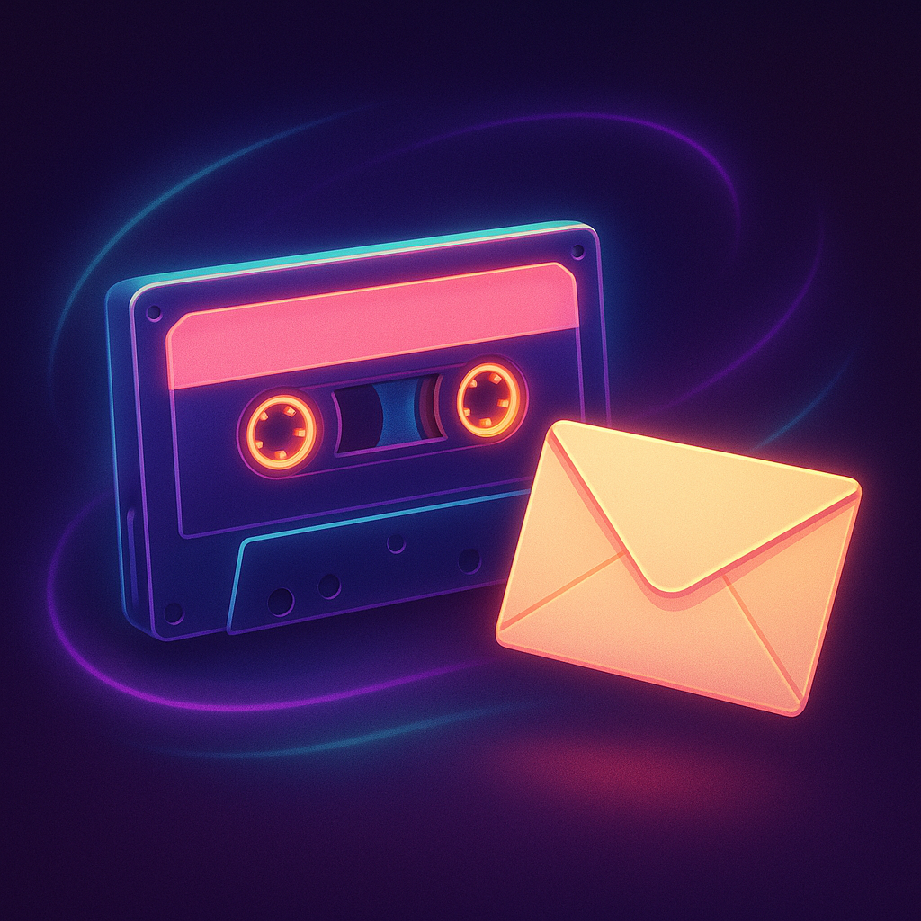Neon-styled illustration of a glowing cassette tape and floating envelope surrounded by soft synthwave light trails