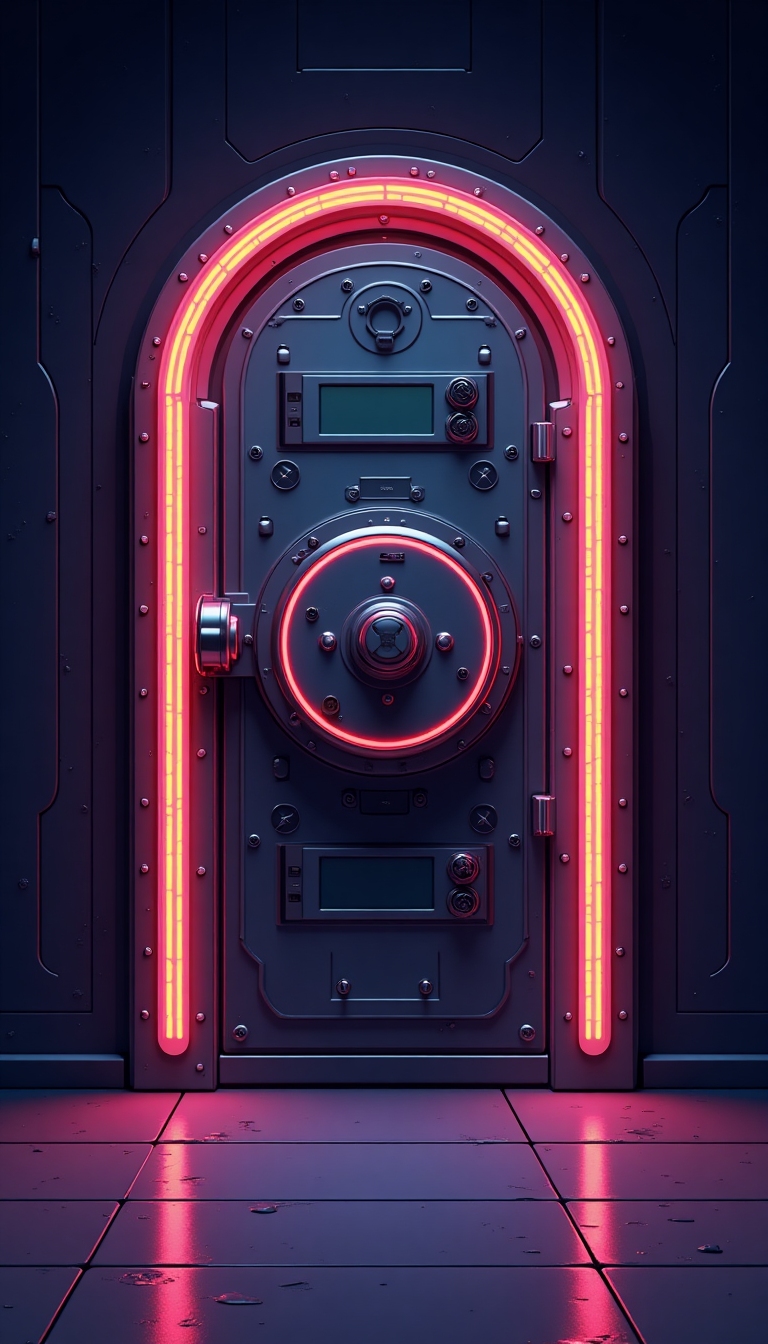 Illustration of a retro vault console with glowing dials, a sealed door, and soft synthwave lighting
