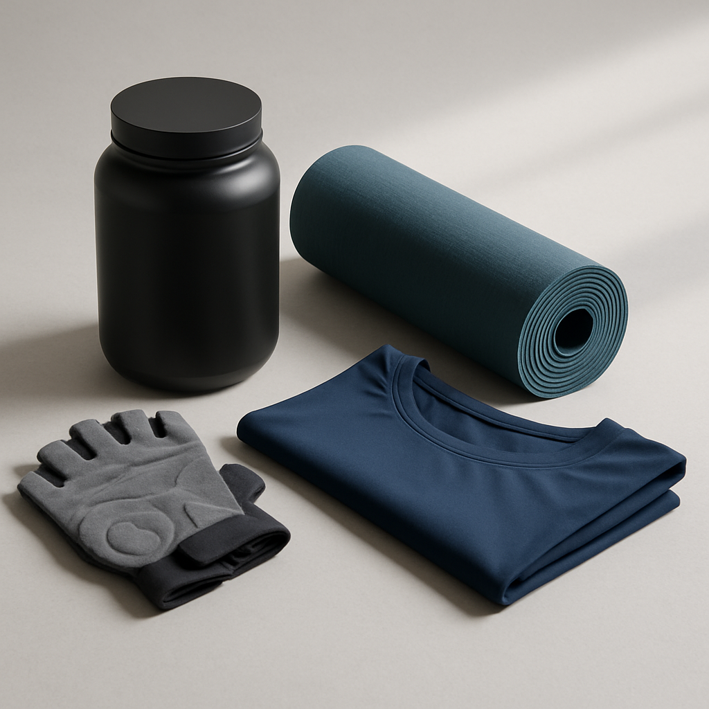 A modern fitness still life with a matte black supplement tub, a pair of gray training gloves, a rolled teal yoga mat, and a navy performance shirt arranged on a clean studio surface with soft natural light