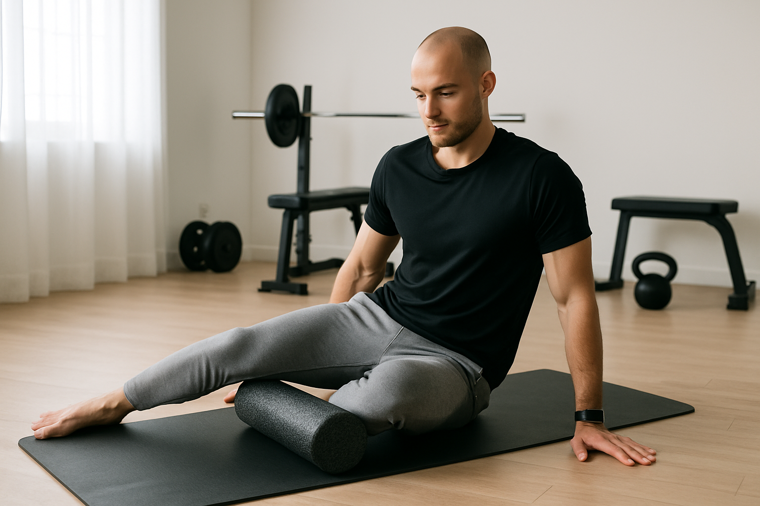 Coach demonstrating a mobility flow with a foam roller and yoga mat in a bright modern home gym