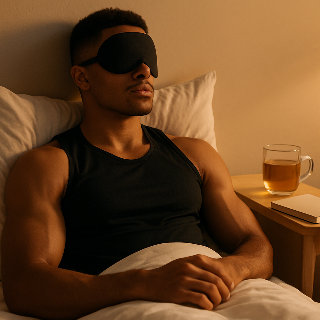 Young athlete resting with an eye mask, herbal tea, and a journal on a bedside table