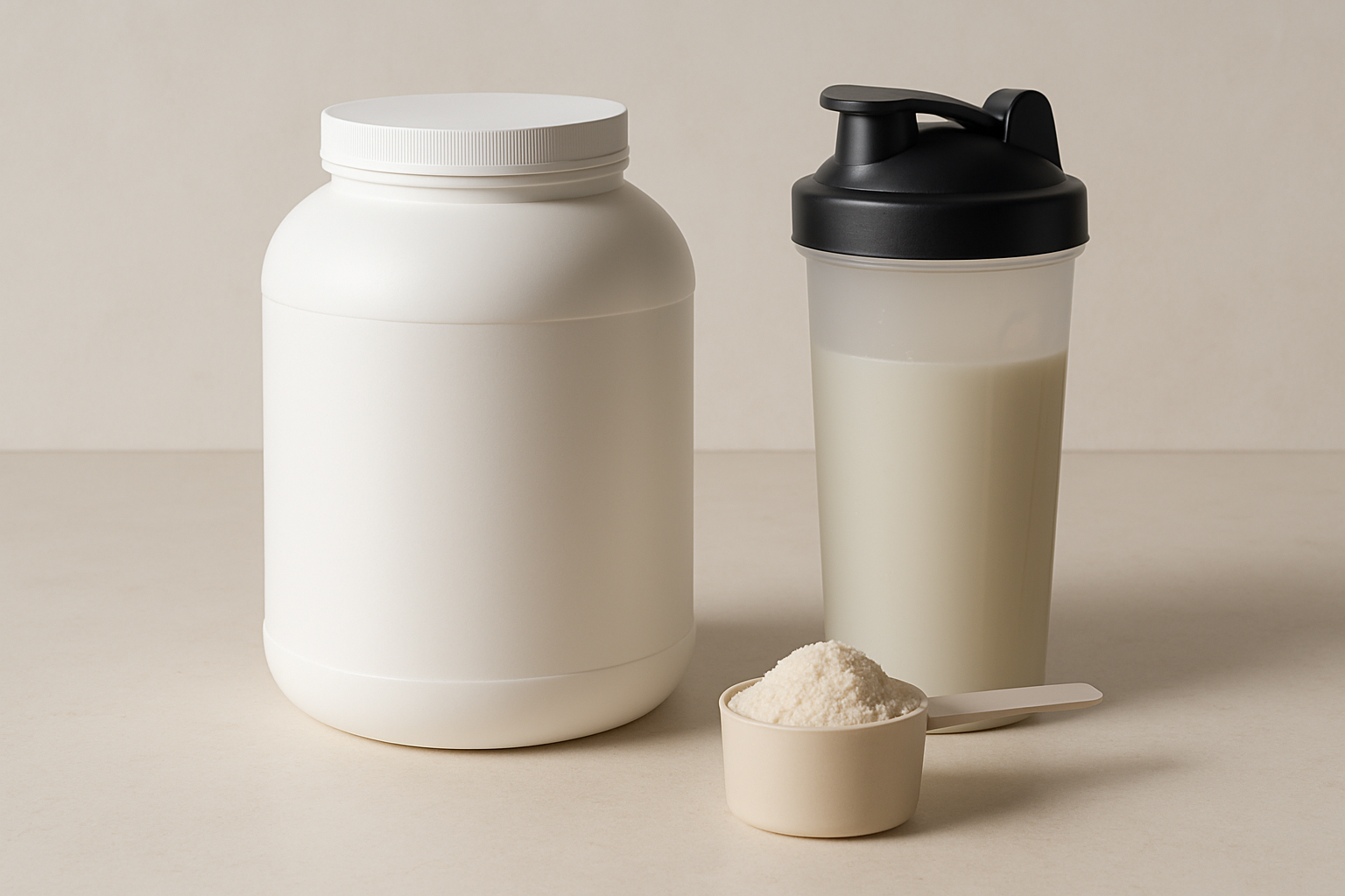 Flat lay of premium whey protein tub, shaker bottle, and measuring scoop on a clean countertop