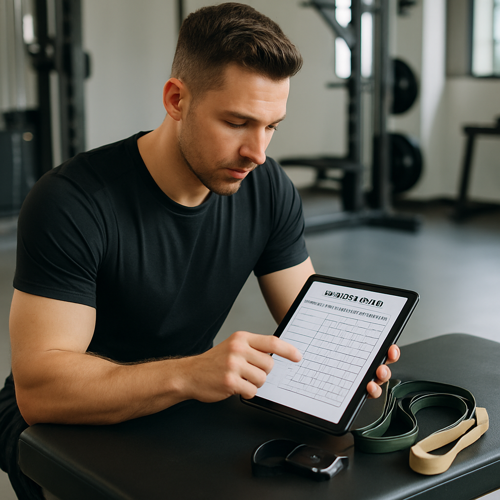 Trainer reviewing a digital training plan on a tablet next to resistance bands and a smart watch