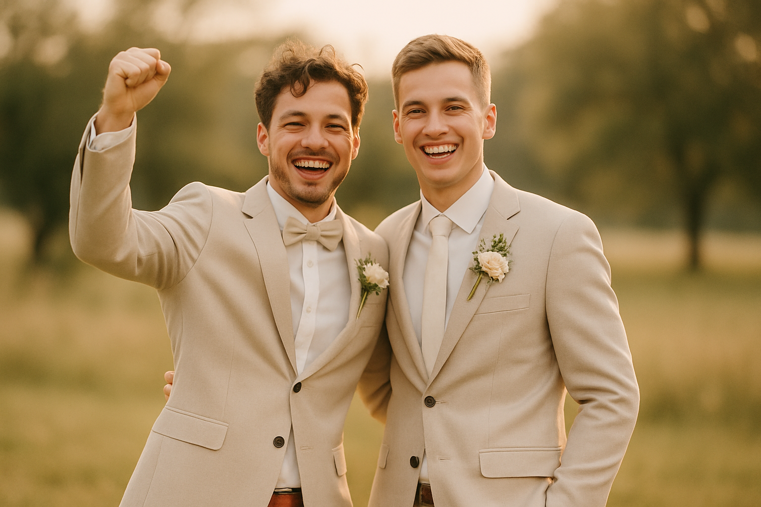 Lukáš a Matěj – svatební fotografie v teplých tónech, v přírodě, působící radostně a elegantně