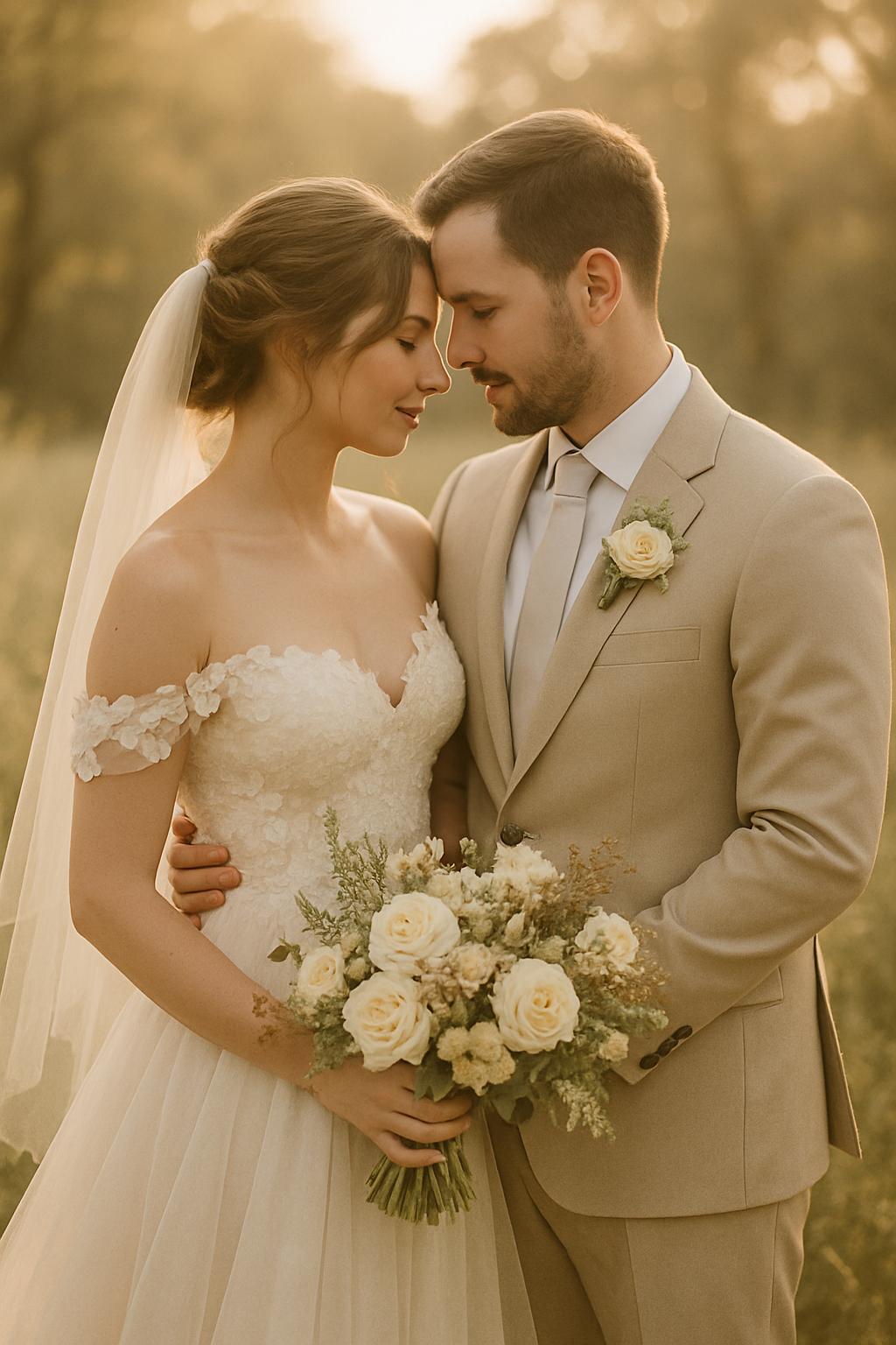 Romantická, elegantní svatební fotografie páru v jemném světle, vhodná jako akcent k programu svatby