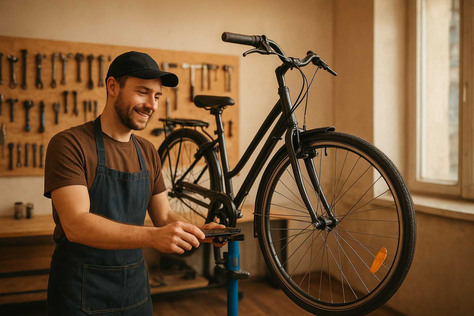 Friendly bike mechanic in a modern Kharkiv workshop inspecting a city bicycle