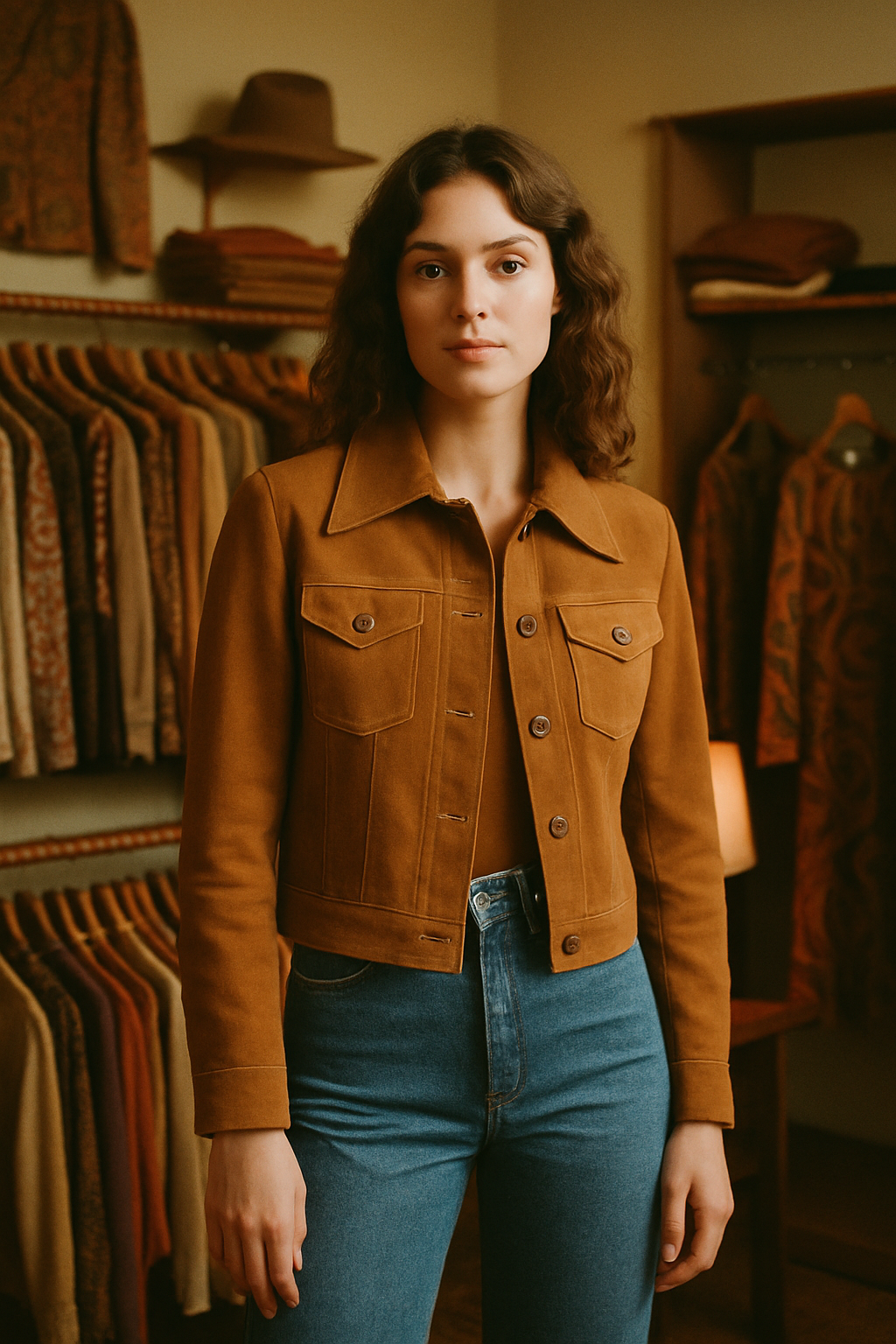 Model wearing a caramel suede jacket and high-waisted denim in a warm 70s boutique interior