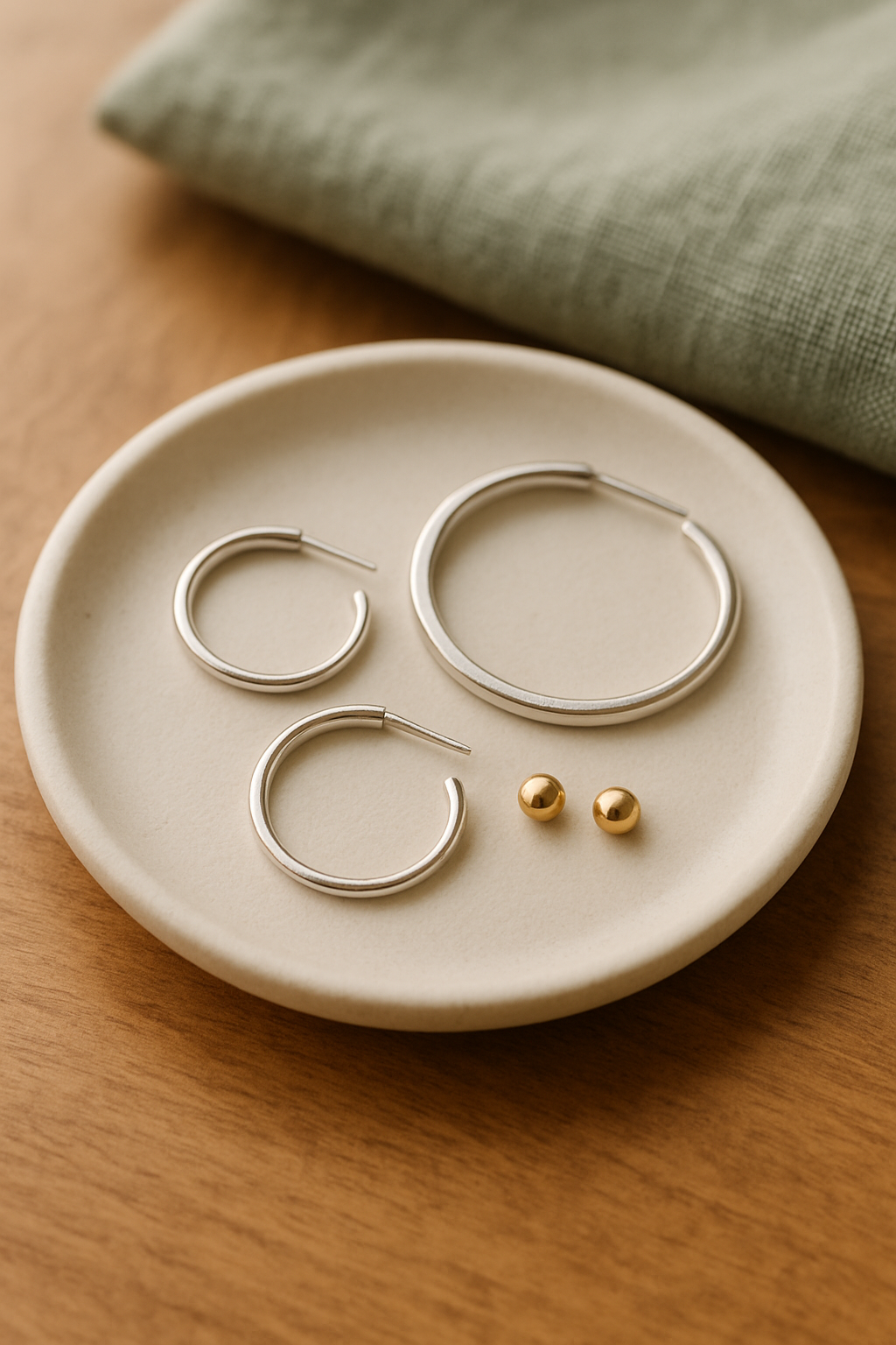 Minimalist silver hoop earrings and tiny stud earrings on a ceramic dish