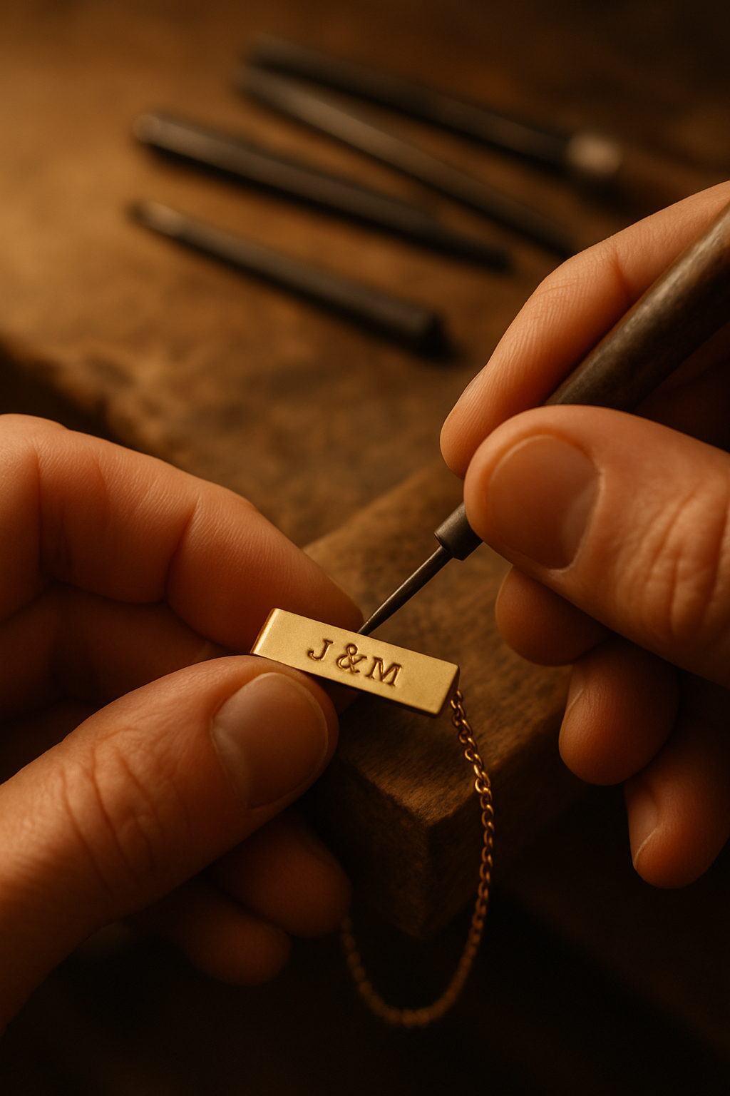 Close-up of hand engraving initials on a gold bar bracelet at a jeweler workbench