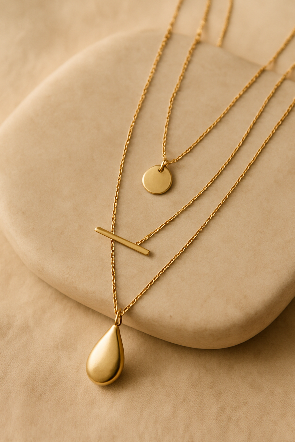 Layered gold pendant necklaces on a neutral stone surface