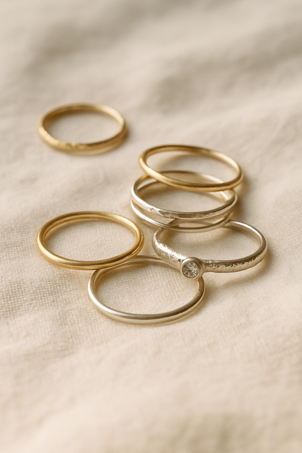 Delicate handmade silver and gold stacking rings arranged on a linen cloth