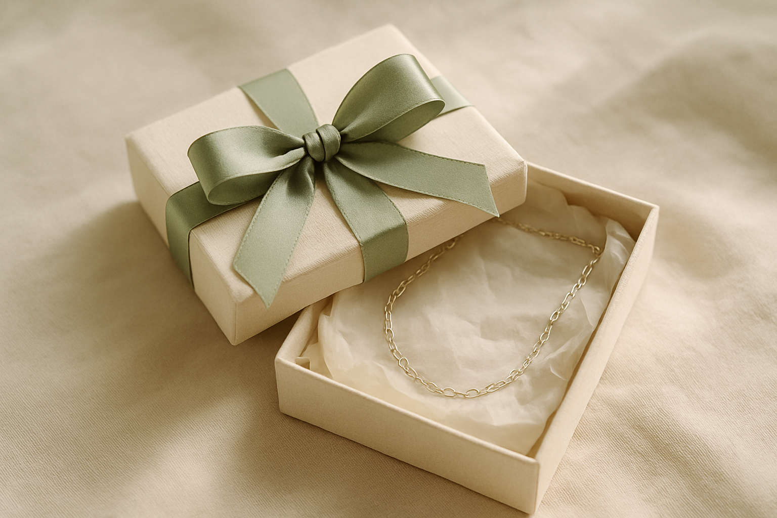 Elegant linen jewelry gift box with satin ribbon, nestled tissue paper, and a delicate silver necklace inside