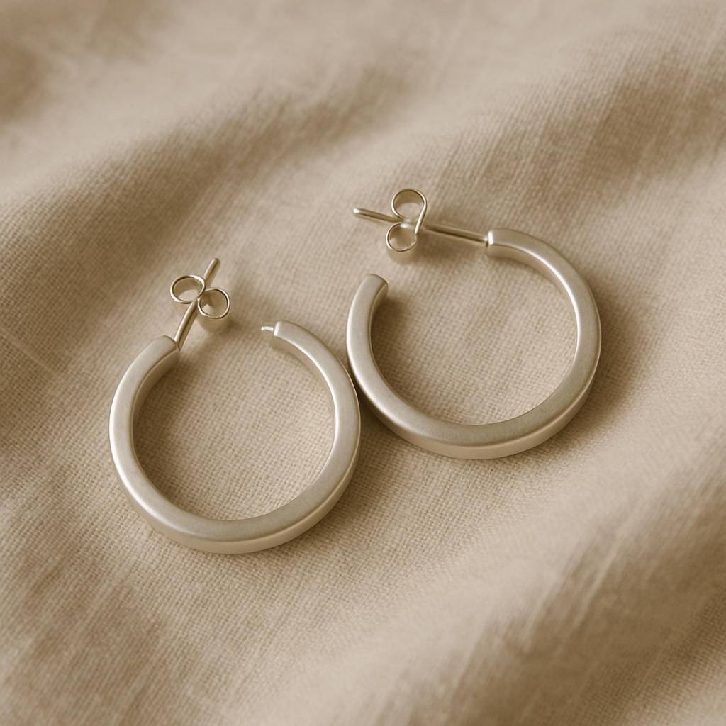 Pair of minimalist silver hoop earrings on a soft beige fabric