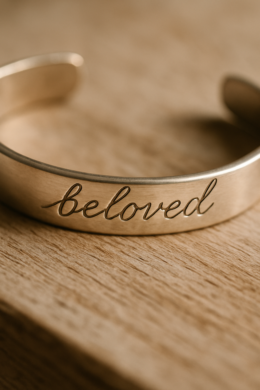 Close-up of a hand-engraved silver bracelet showing fine lettering
