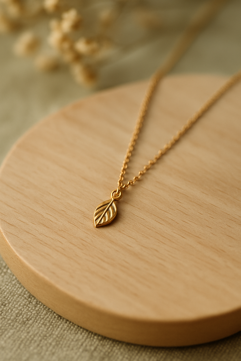Gold-toned pendant necklace with a small leaf charm on a wooden surface
