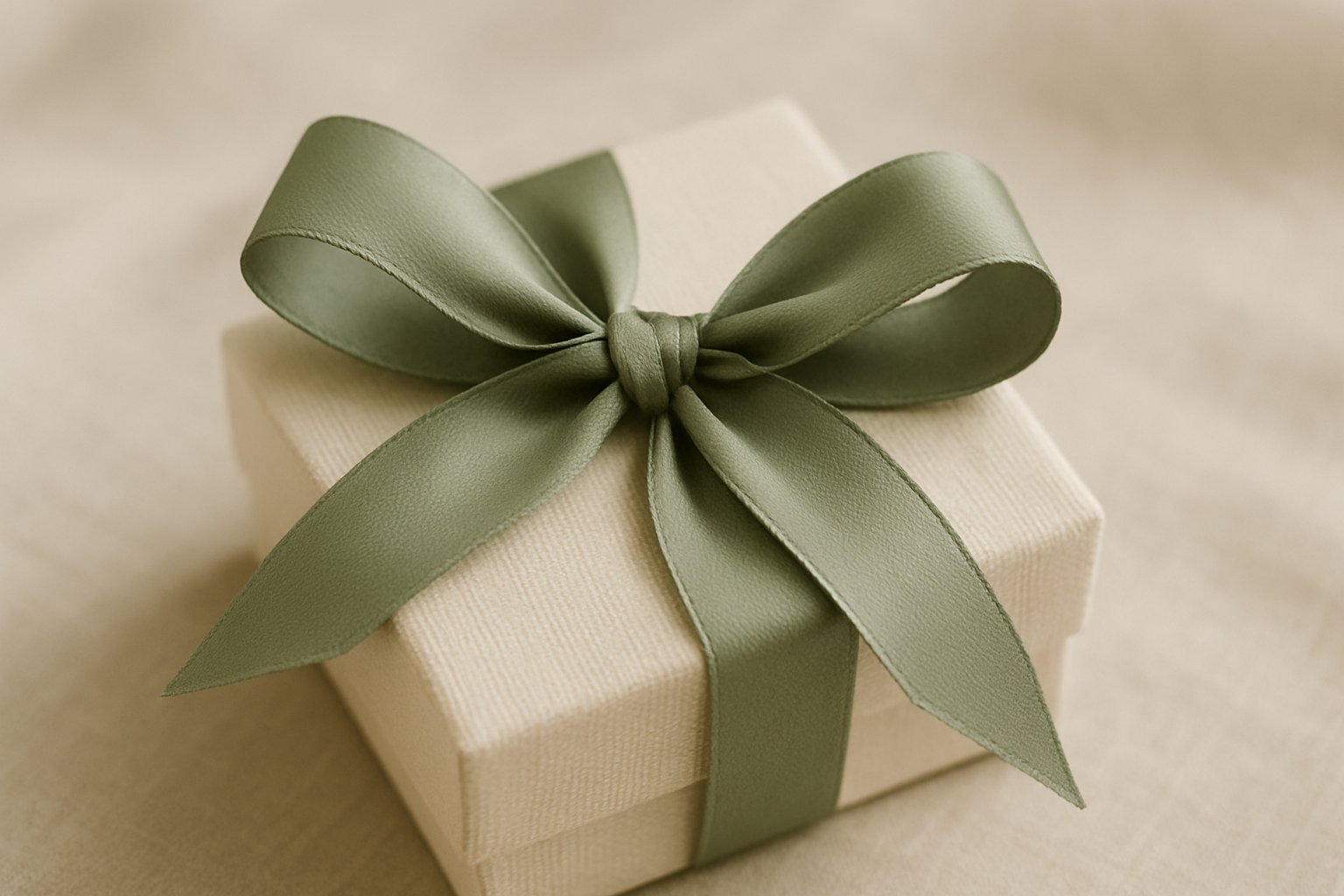 Close-up of a sage green satin ribbon tied in a bow on a cream linen gift box