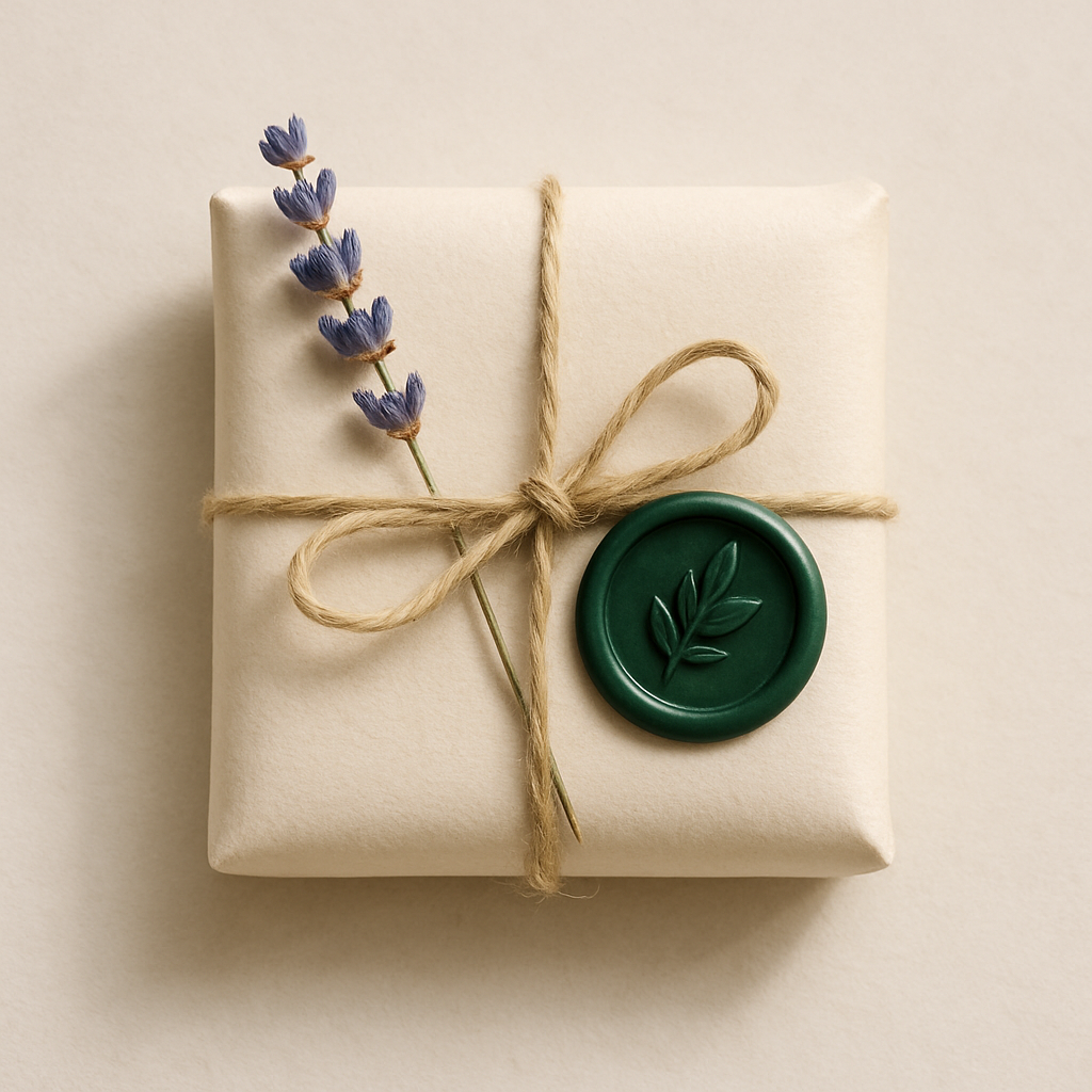 Overhead view of a neatly wrapped small jewelry package in cream kraft paper with a dried flower sprig and wax seal