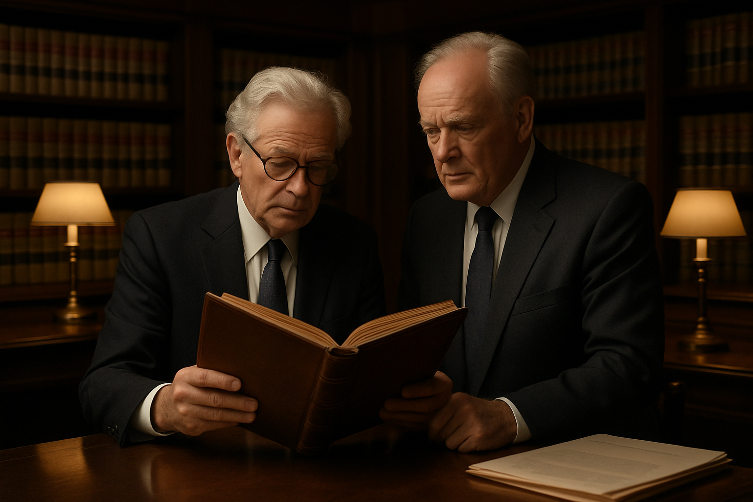 Senior attorneys reviewing a leather-bound brief in a classic law library