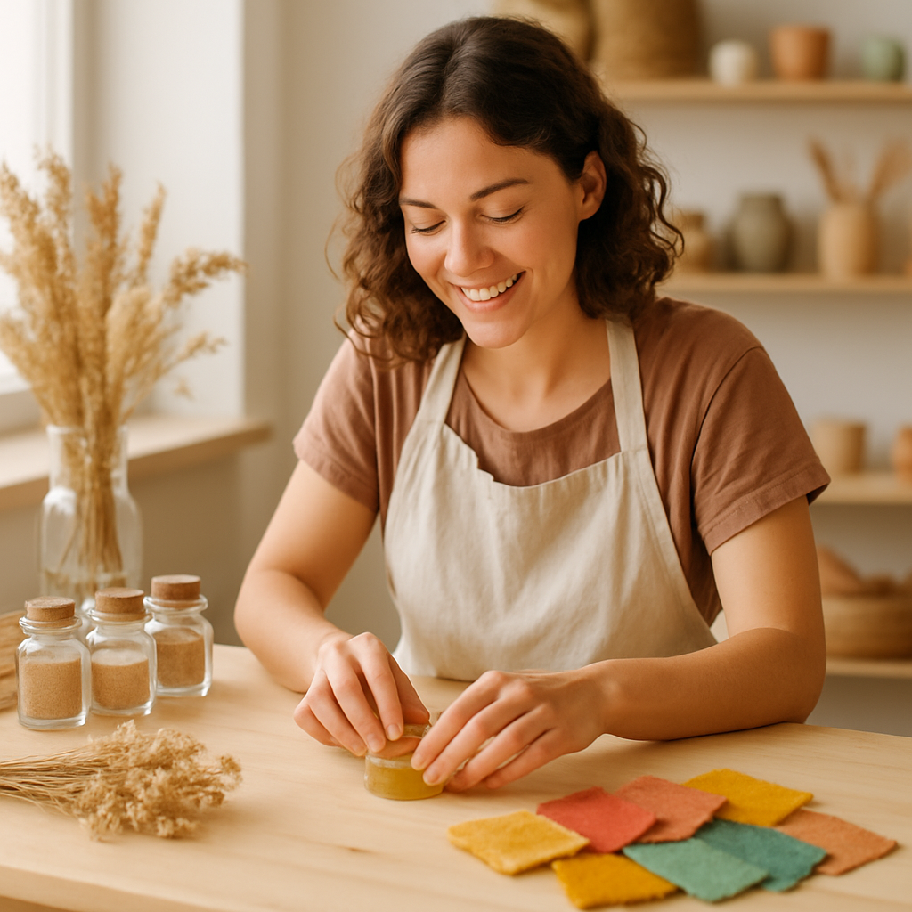 Artisan crafting natural handmade goods at a bright wooden worktable with plants and colorful materials