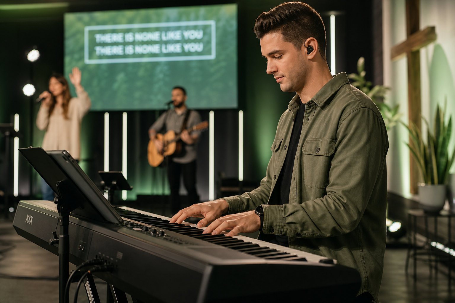 Keyboardist playing a digital piano in a softly lit worship space with gentle green accents and an uplifting, focused atmosphere
