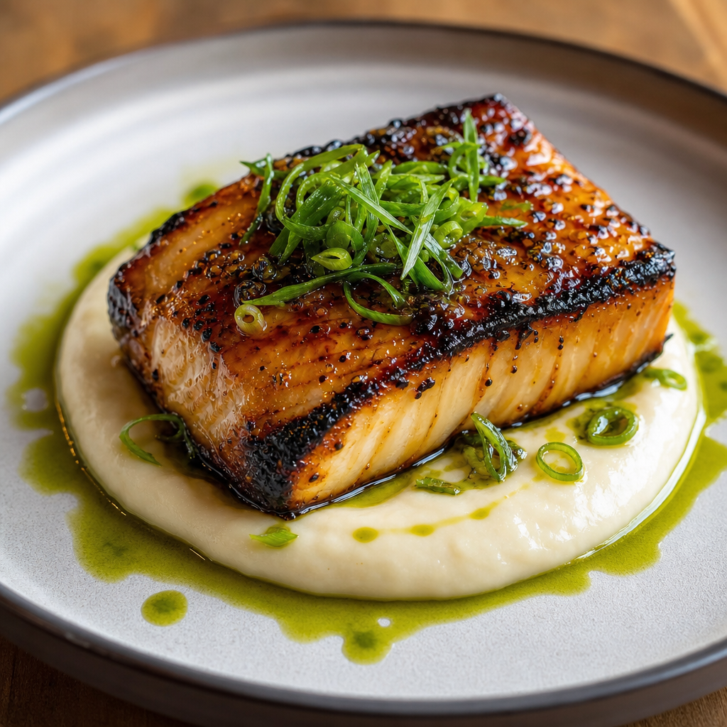 Charred miso-glazed black cod served over creamy cauliflower purée with scallion oil.