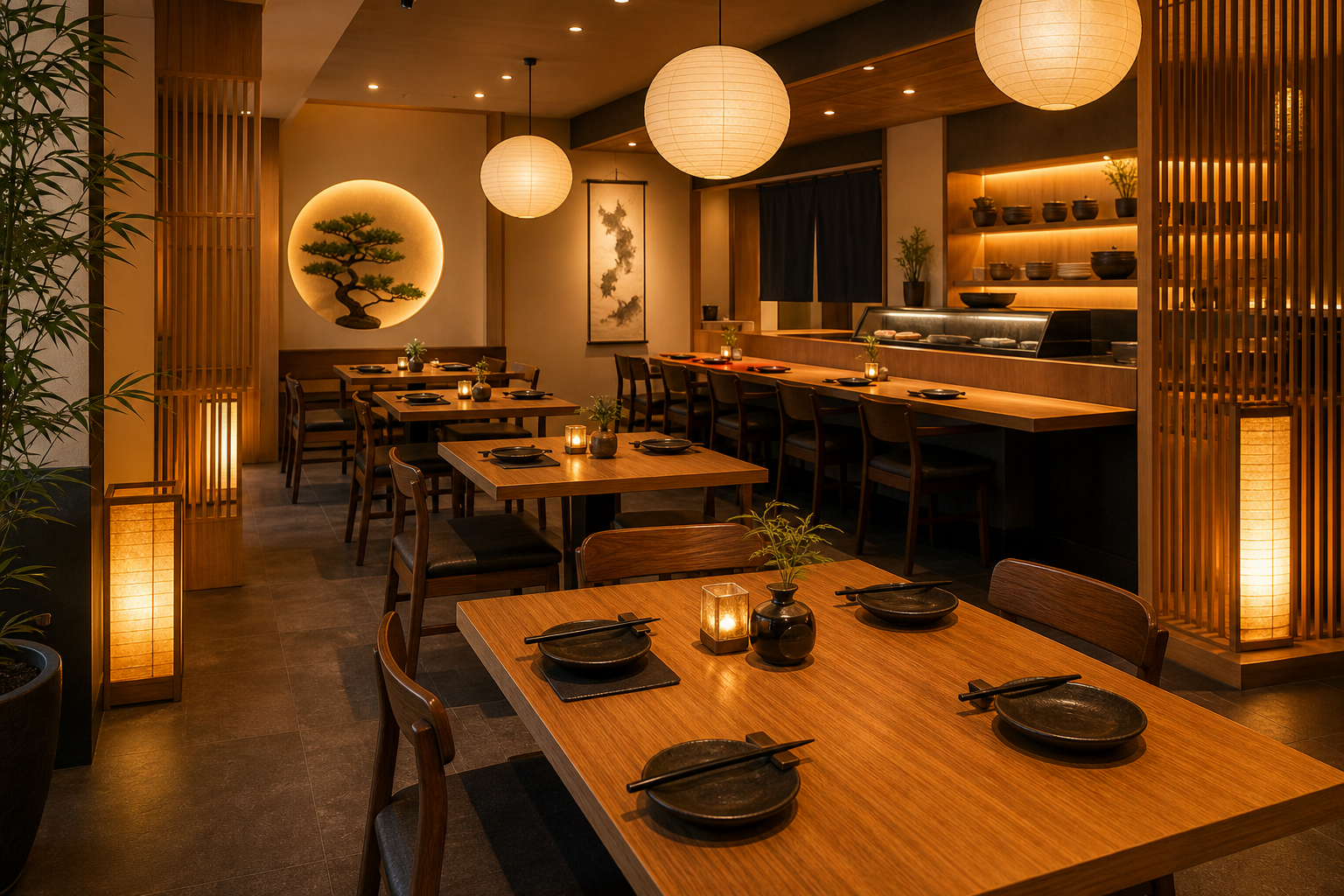 Inviting Japanese restaurant dining room with warm wood tables and softly lit paper lanterns