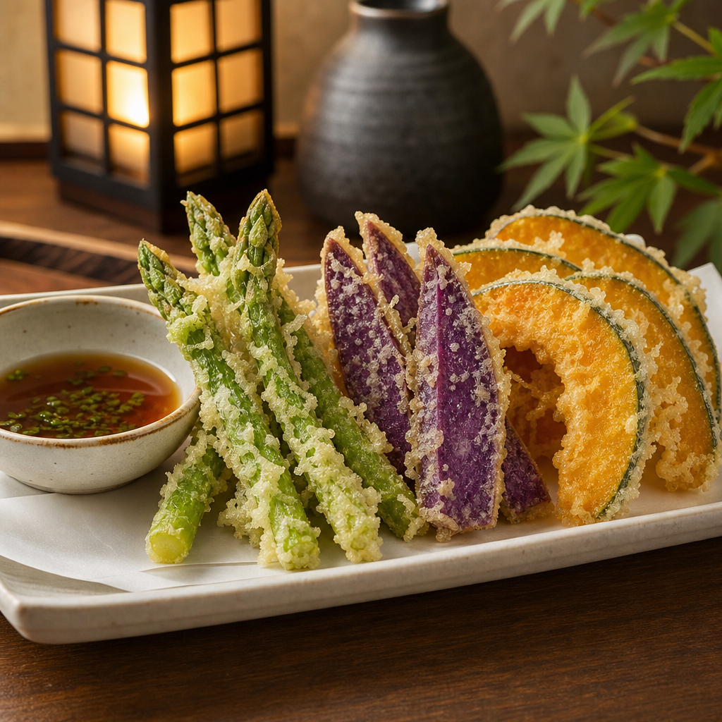 Assorted vegetable tempura with bright green asparagus, purple sweet potato, and gold squash on a white tray.