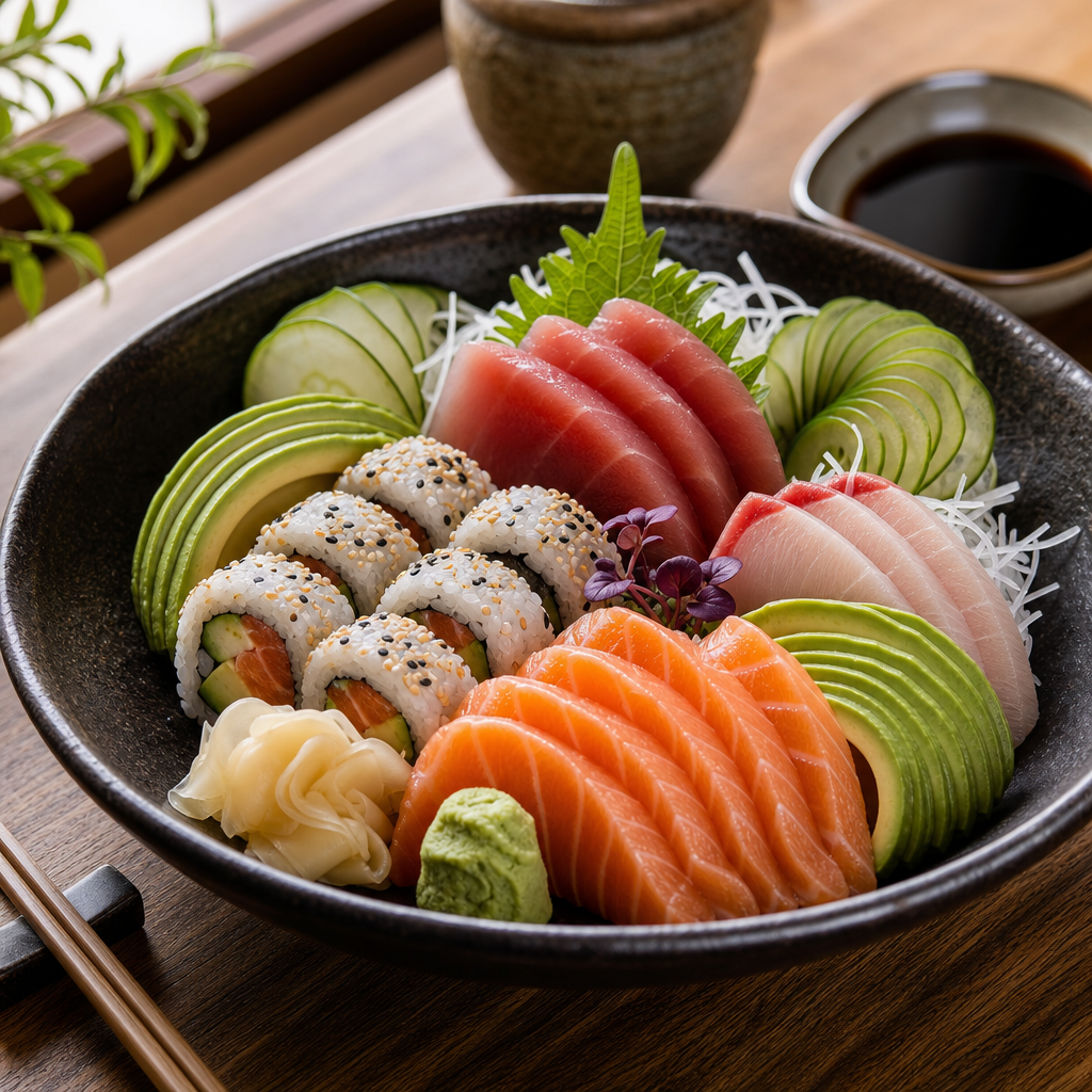 Elegant sushi and sashimi bowl with salmon, tuna, avocado, and pickled ginger on a dark ceramic plate