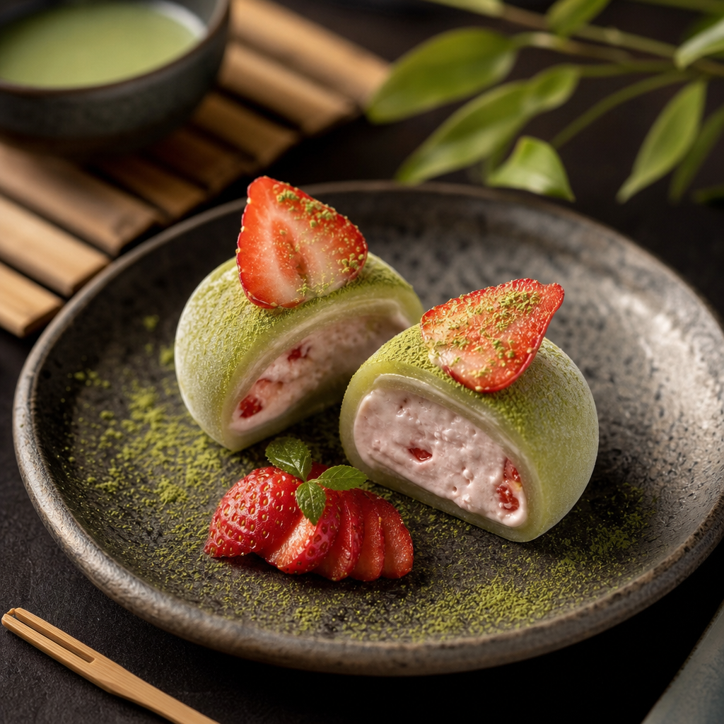 Matcha mochi dessert filled with strawberry cream and topped with fresh berries on a stone plate.