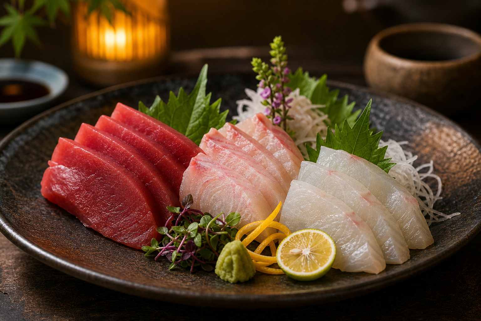 Seasonal sashimi platter with ruby tuna, pale pink snapper, and yuzu citrus garnish on a dark ceramic plate.